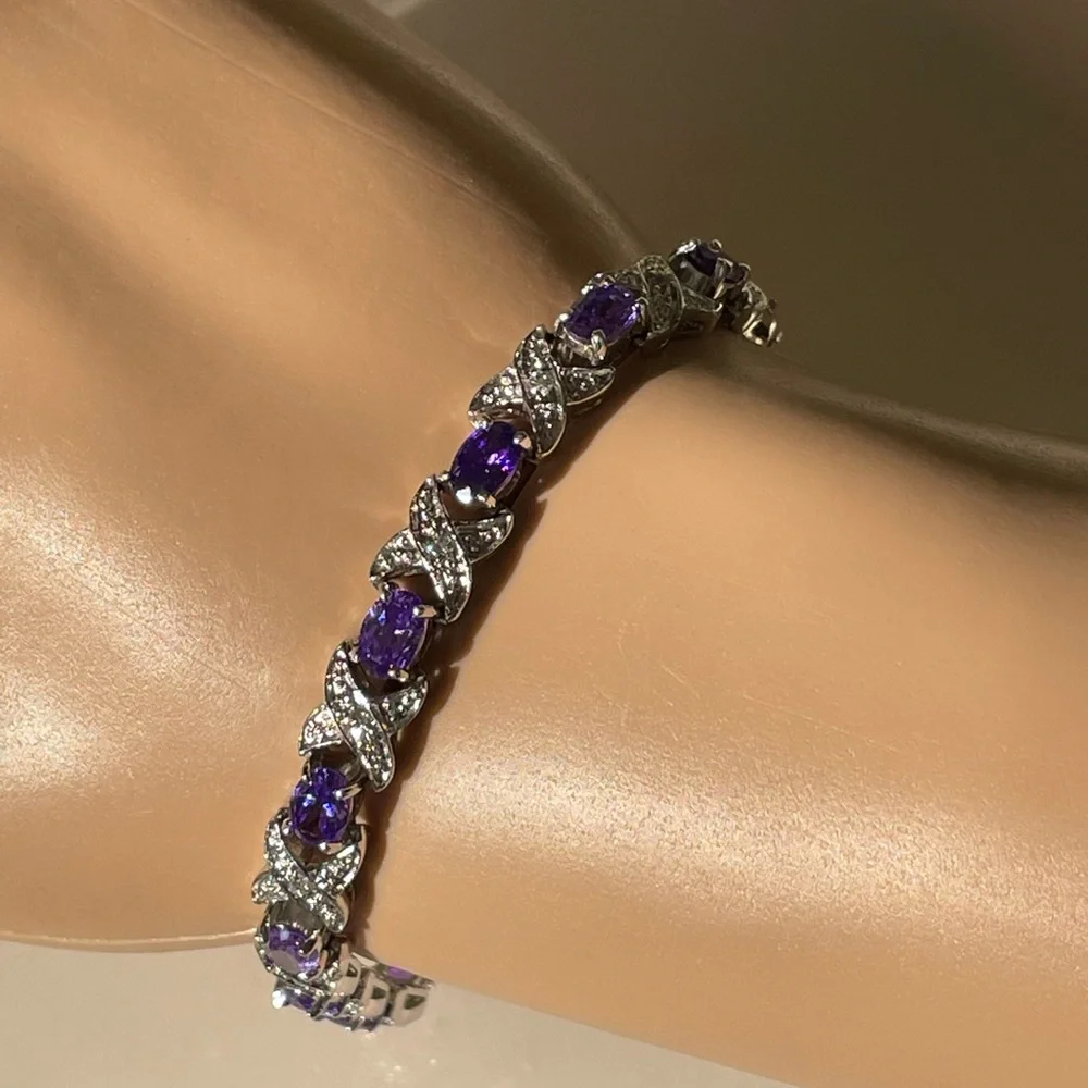 Genuine Amethyst & Silver Bracelet- 7.5” Like New- QVC- Stunning Gemstones! - Picture 8 of 16